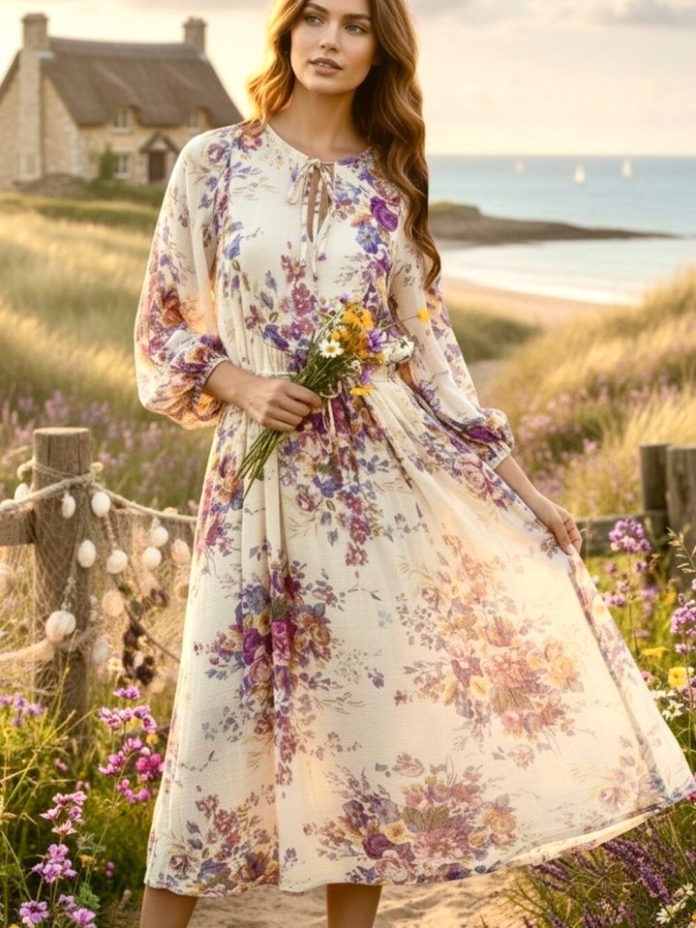Auguste Maxi Dress Cotton Blend Floral Cottagecore Romantic Beige Multi (M)